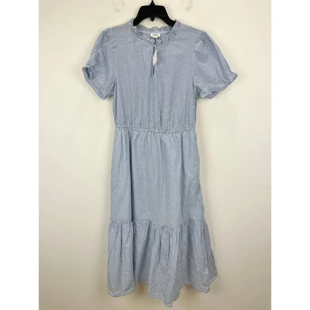 J.Crew Striped Ruffleneck Puff Sleeve Midi Dress Cotton White Blue US 8 NWT
